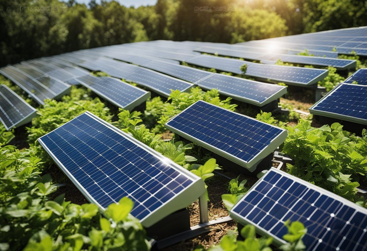 A solar battery array charges under the bright sun, surrounded by green foliage and a clear blue sky