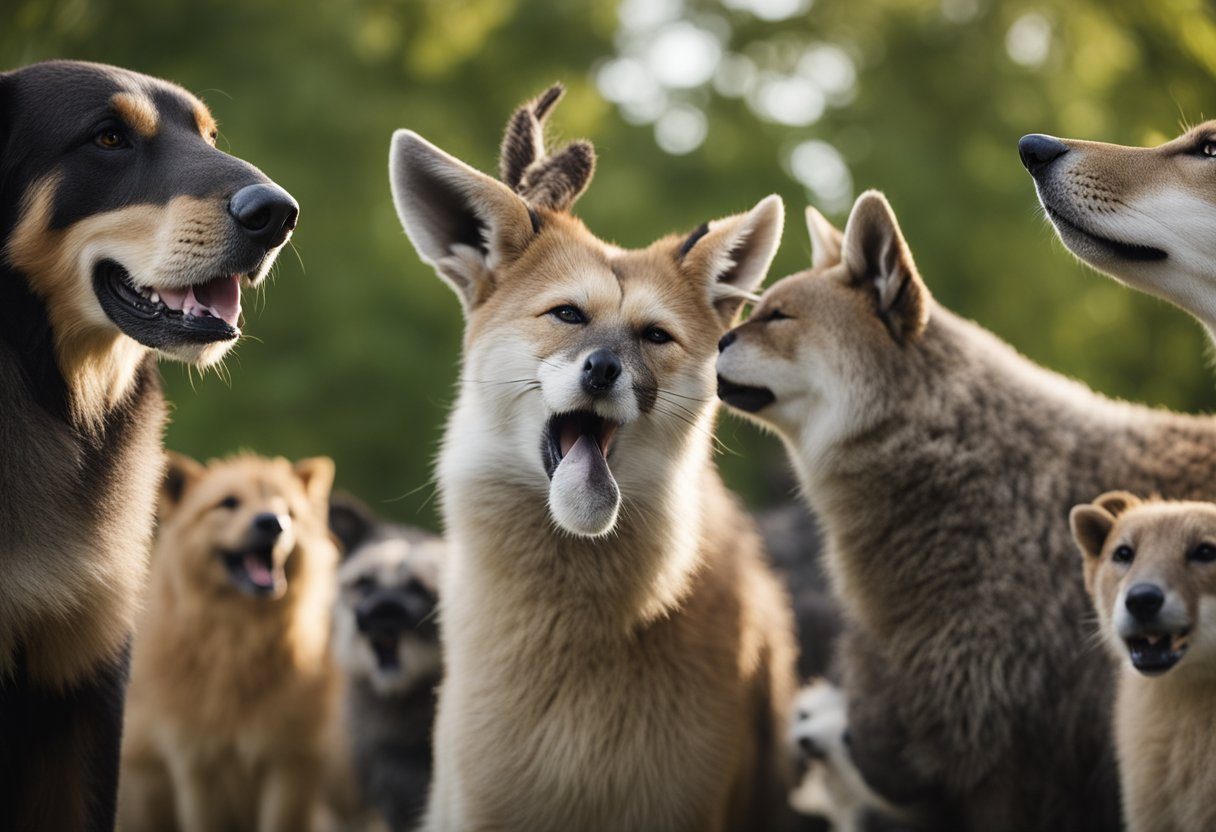 Animals interacting in groups, grooming, and communicating through body language and vocalizations. Social hierarchy and cooperation evident in their behavior