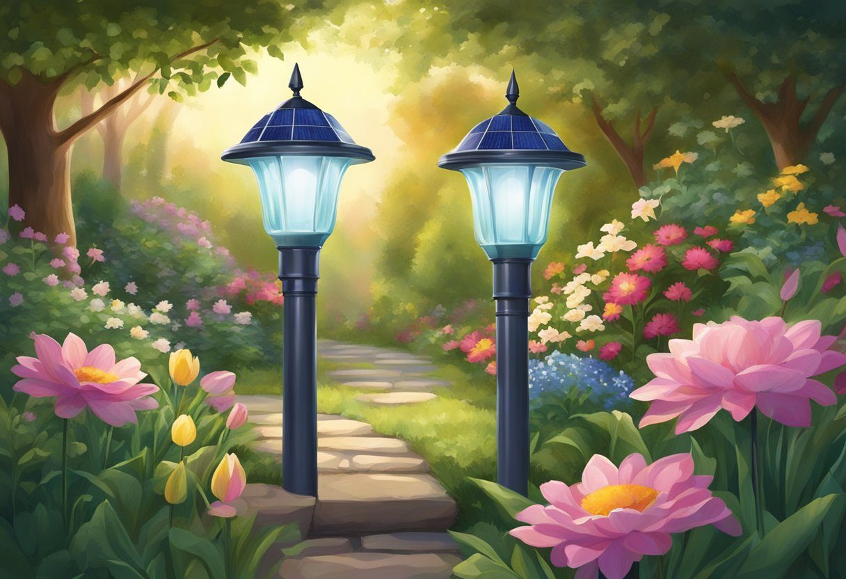 A solar light shines brightly in a garden, surrounded by lush greenery and blooming flowers. The light has been in use for many years, showcasing its longevity and reliability