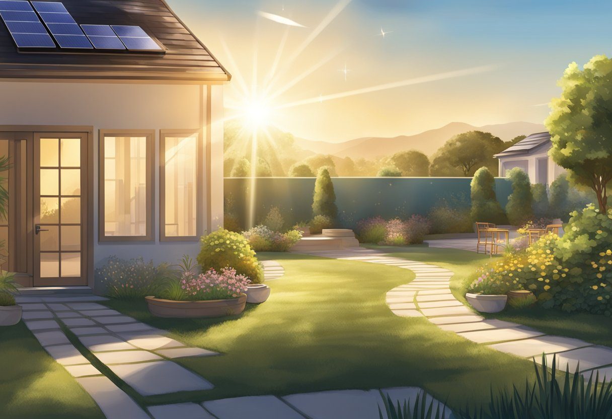 A clear sky with the sun shining down on a garden or outdoor area with solar lights illuminating the space, demonstrating the concept of solar light basics and their longevity