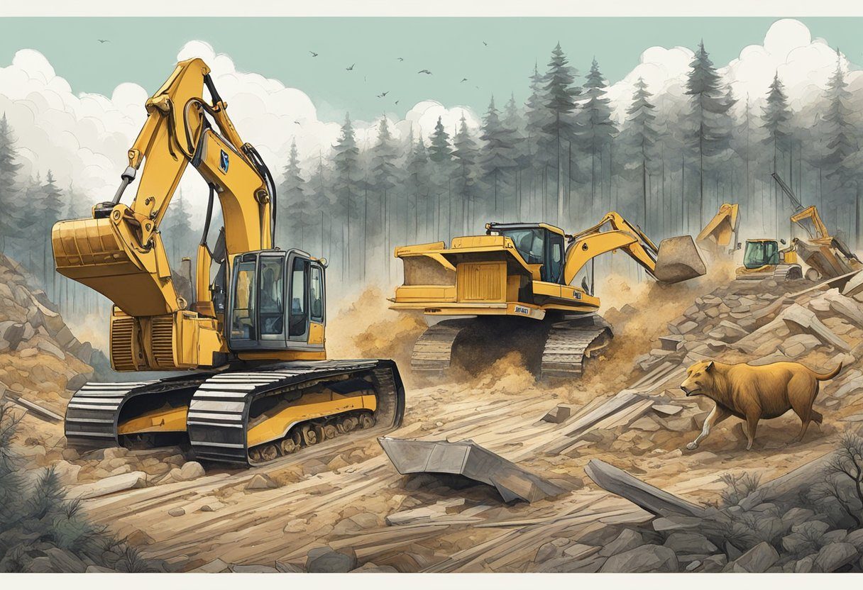 Animals fleeing from bulldozers in a forest, trees being cut down, and a barren landscape left behind