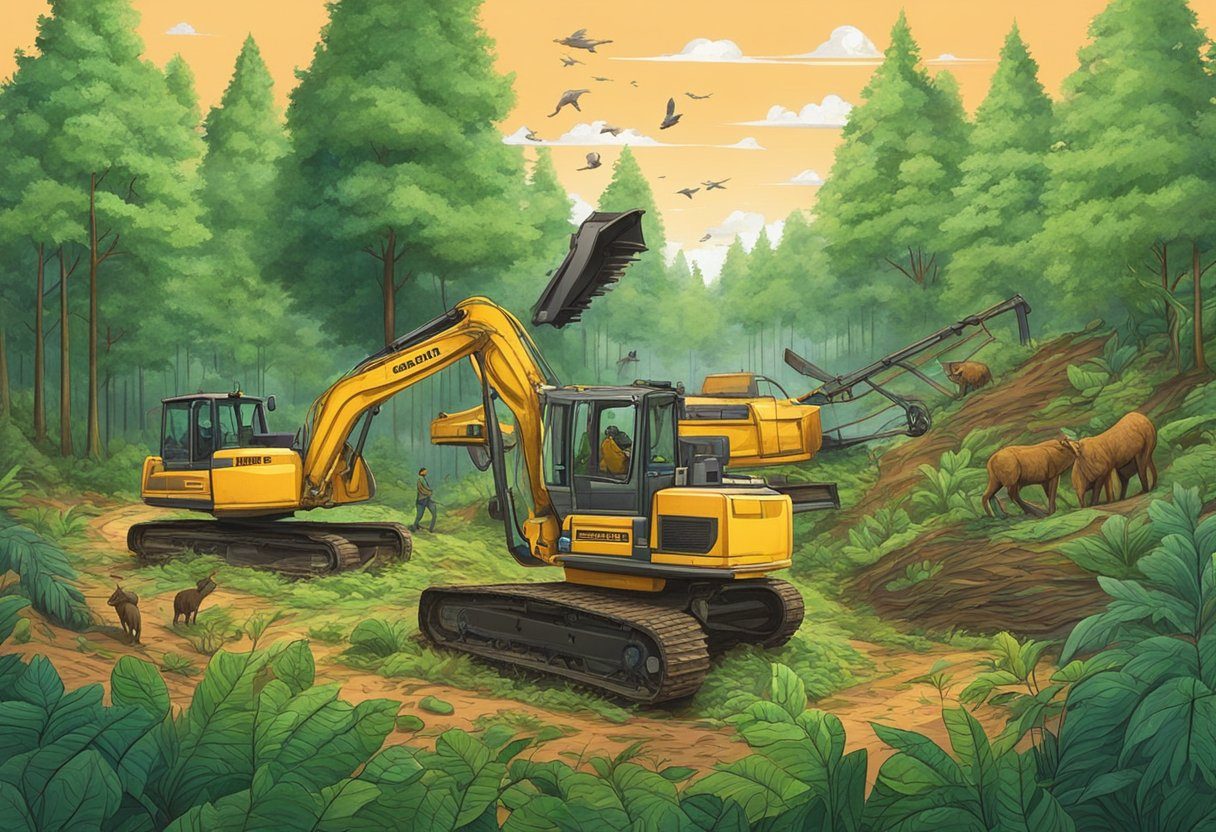 Lush forest being cleared by machines, displacing animals. Wildlife fleeing from destruction, seeking new habitats