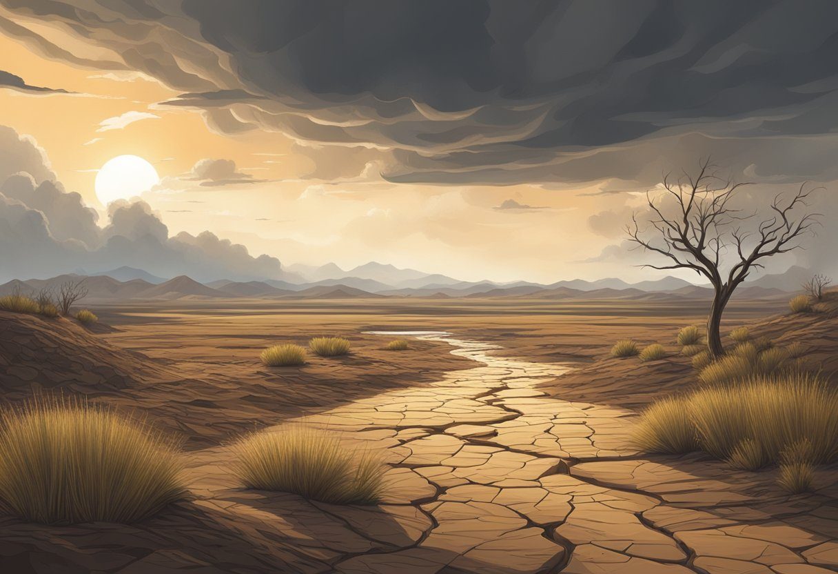 A barren landscape with cracked earth, dried-up rivers, and wilting plants under a scorching sun, while dark storm clouds gather in the distance