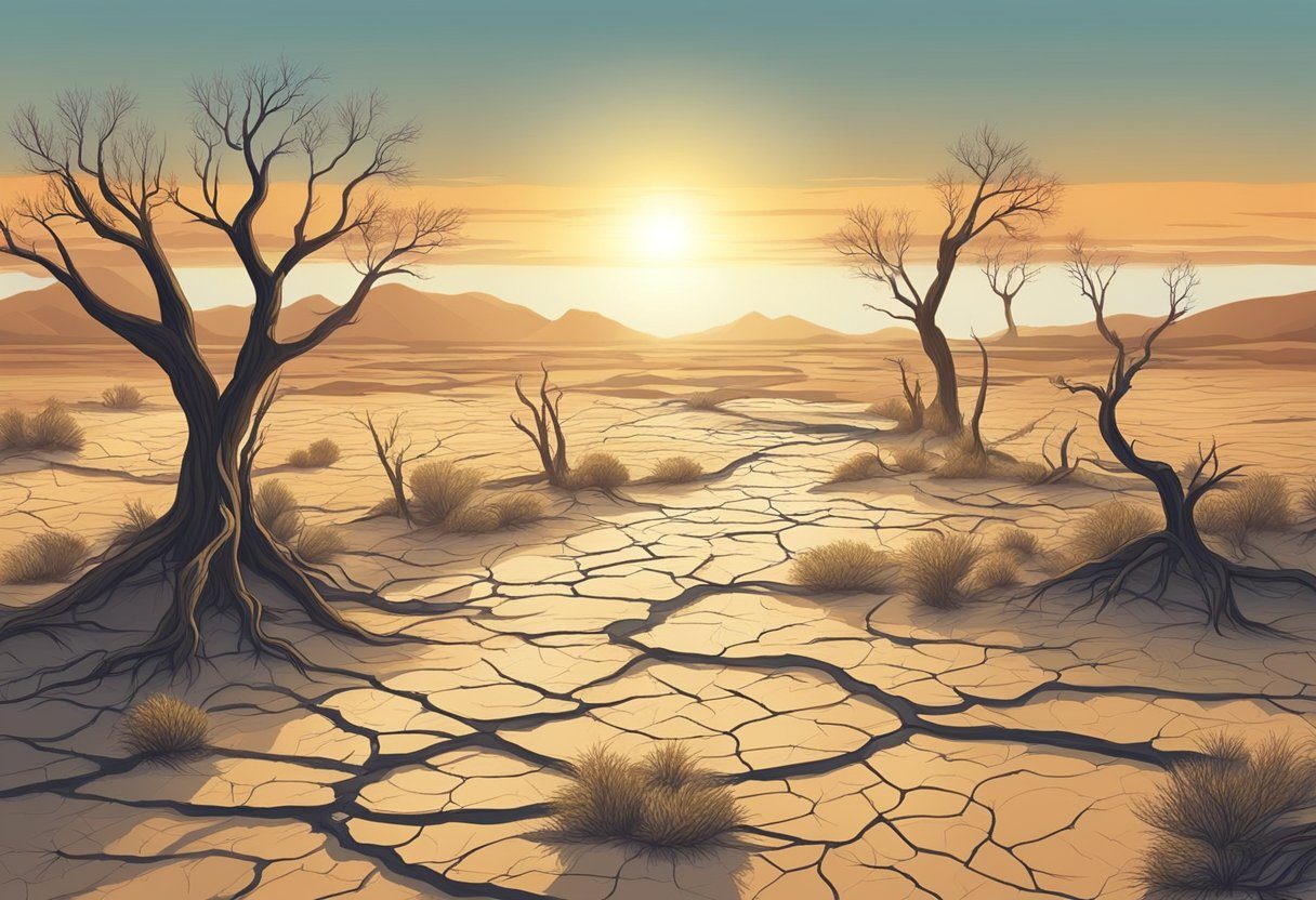 A barren landscape with cracked earth, dried-up rivers, and dead trees under a scorching sun. Rising sea levels encroach on coastal cities