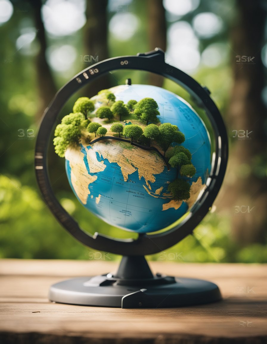 A globe with a measuring tape wrapped around it, surrounded by various elements of nature such as trees, animals, and water bodies