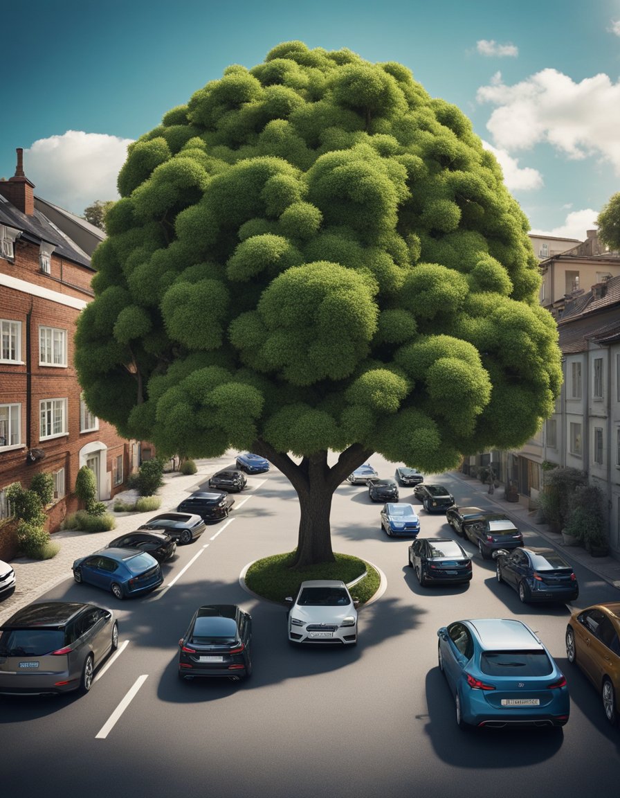 A tree surrounded by various elements such as cars, factories, and houses to illustrate the concept of ecological footprint