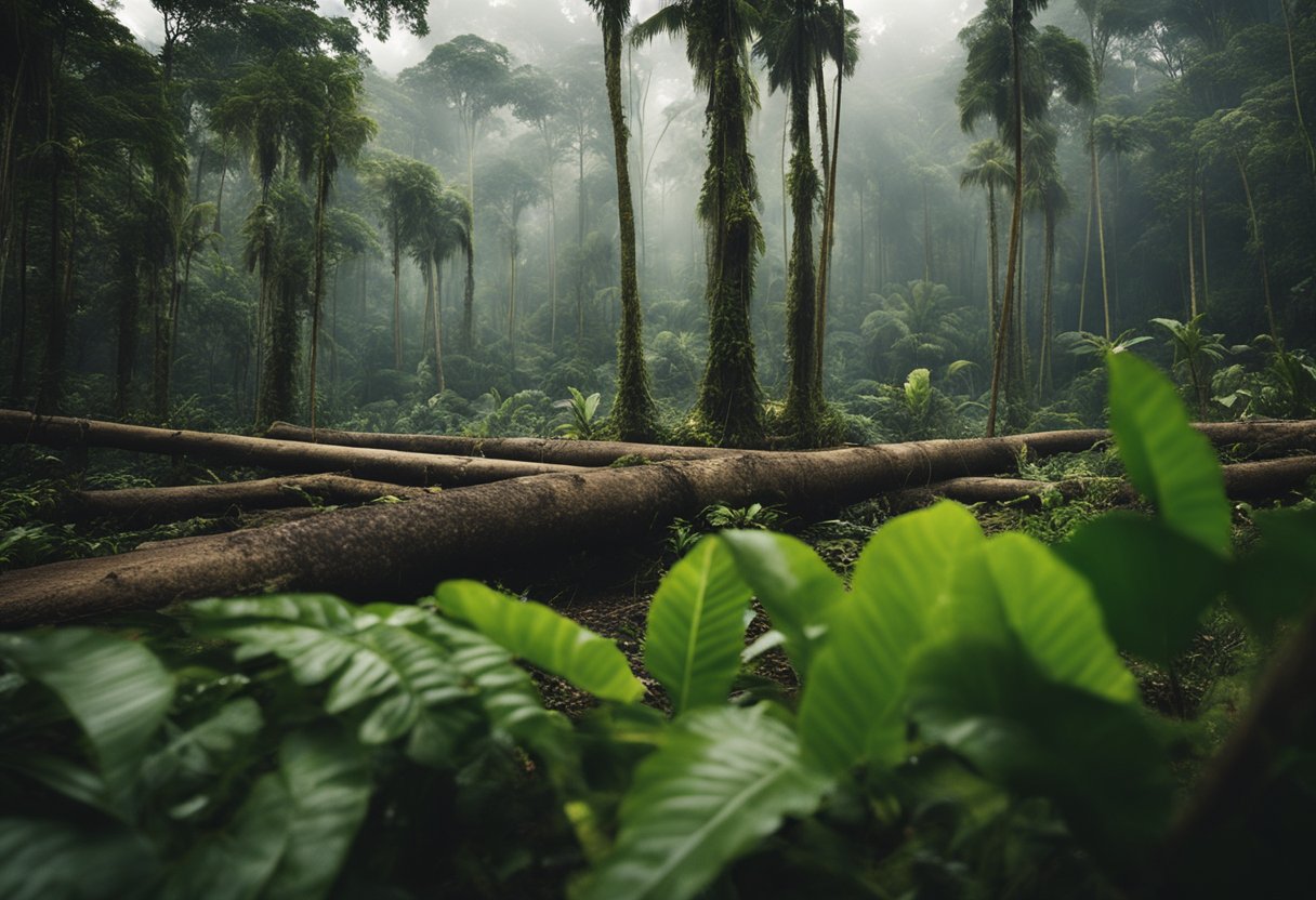 A lush Amazon rainforest with towering trees being cleared by logging and fires, creating a landscape of destruction and environmental impact