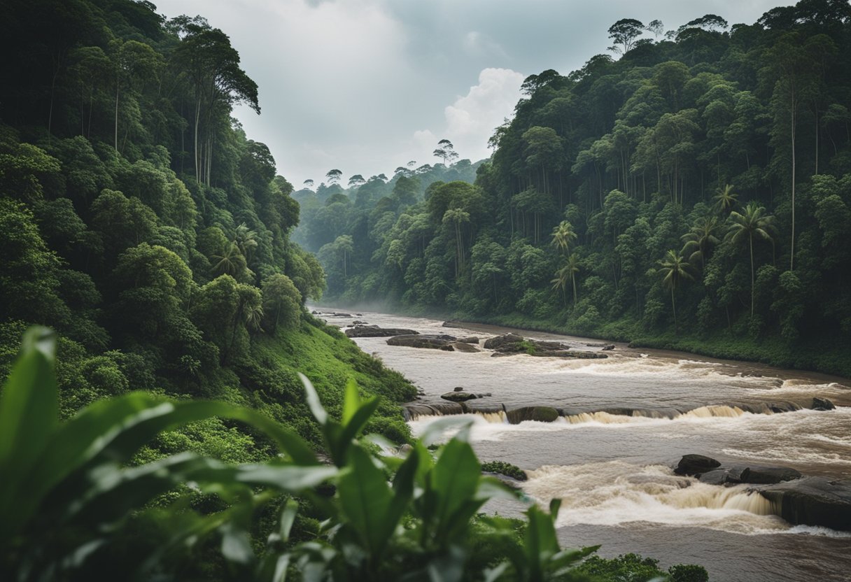 Lush Amazon rainforest with trees being cut down, wildlife fleeing, and a river polluted by deforestation