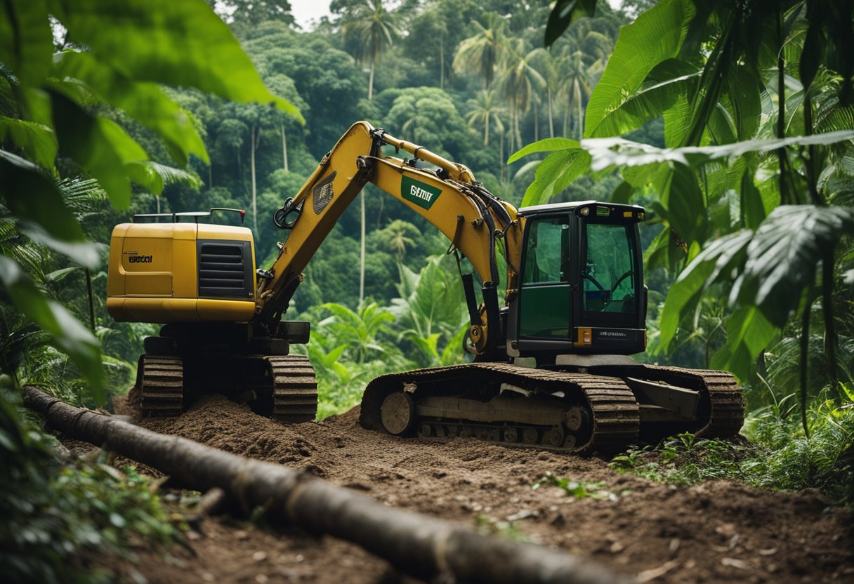 Lush green Amazon rainforest being cleared by bulldozers and chainsaws, making way for agriculture and urban development