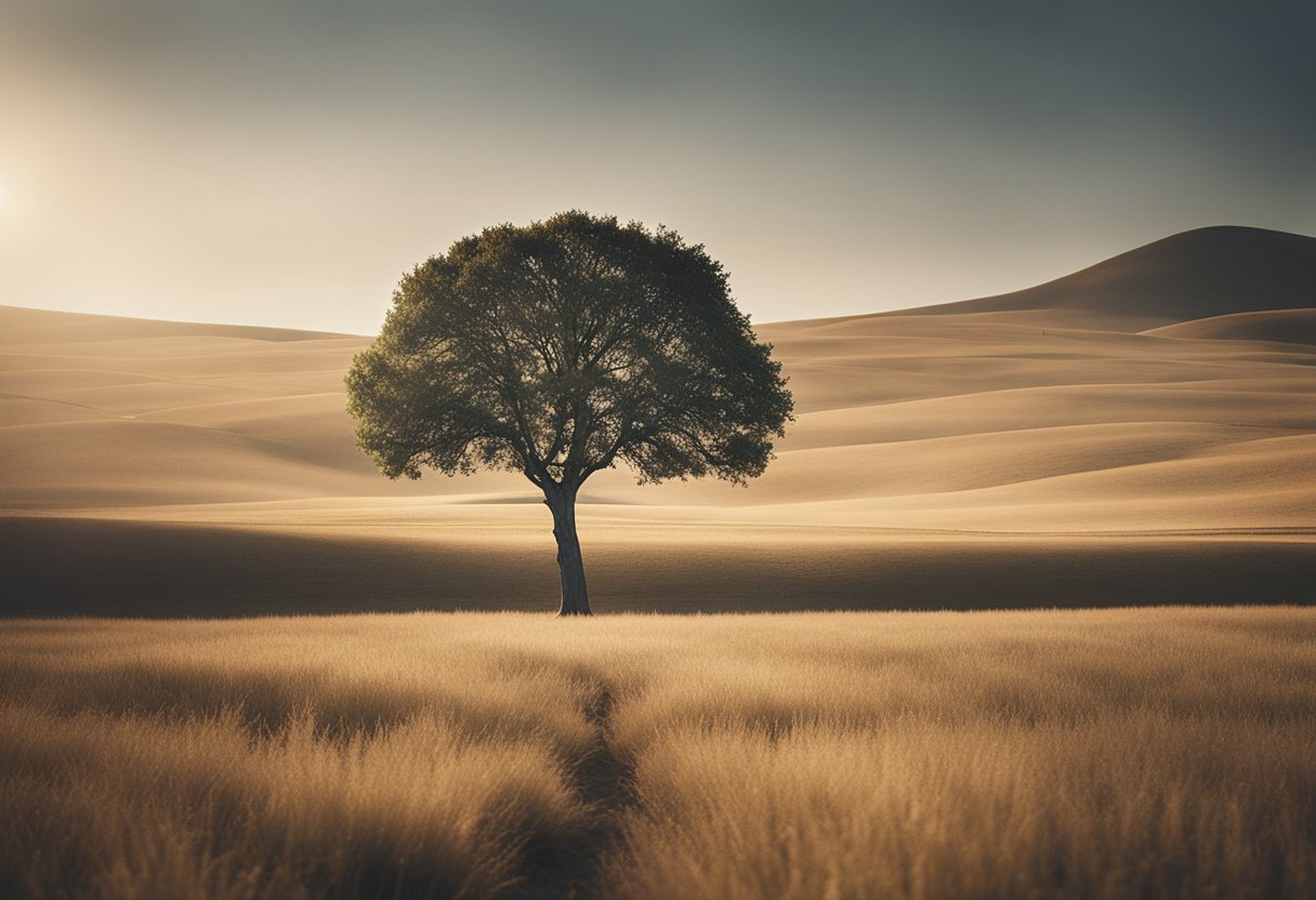 A lone tree stands in a vast, open landscape, surrounded by a few essential objects, symbolizing the philosophy of minimalism and sustainability