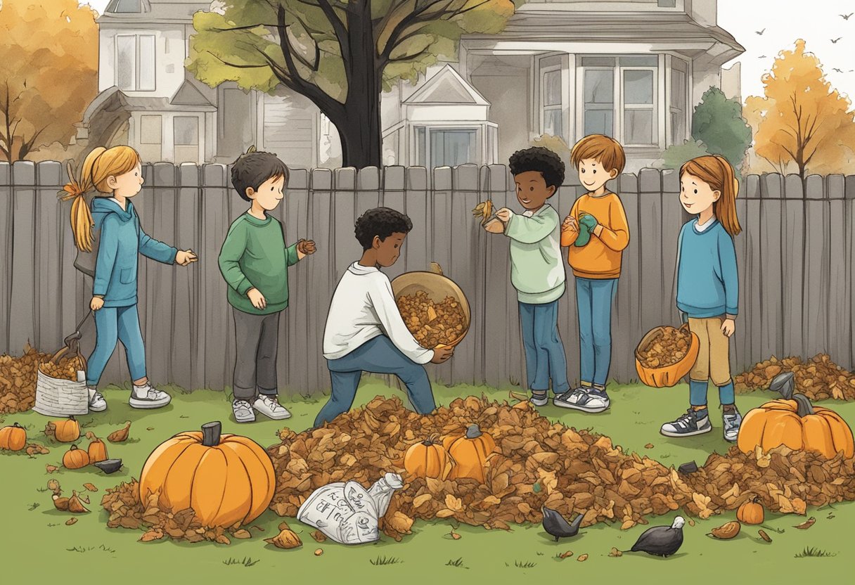 A group of kids gathering around a compost bin to dispose of their biodegradable Halloween decorations. A sign nearby promotes eco-friendly alternatives