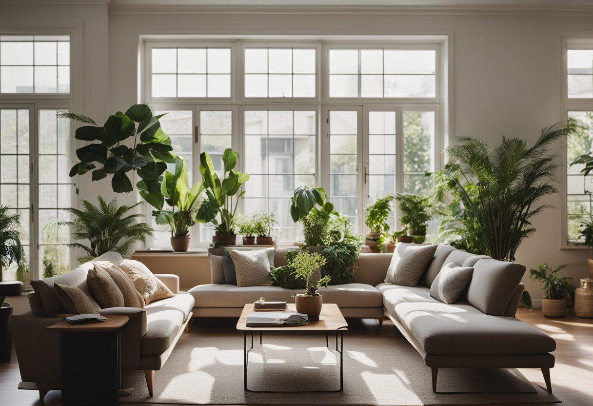 A serene, clutter-free living room with simple furniture, potted plants, and natural light streaming in through large windows