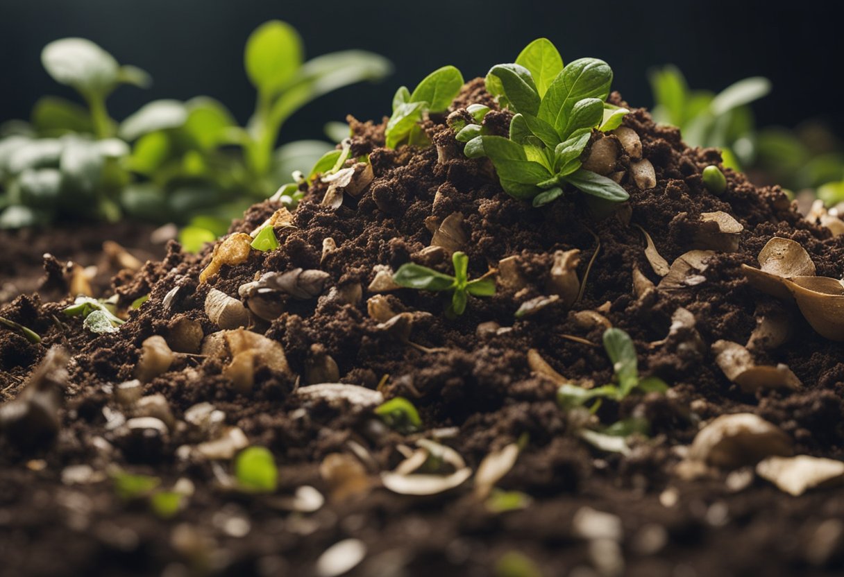 A pile of organic waste breaking down into soil, with various plant-based materials visibly decomposing