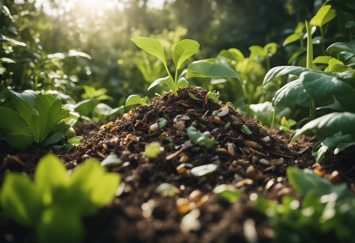 A pile of biodegradable and compostable products breaking down in a vibrant, lush compost heap, surrounded by thriving plants and insects