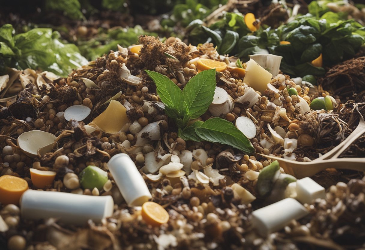 A pile of biodegradable and compostable products decomposing in a natural setting, surrounded by various types of organic waste