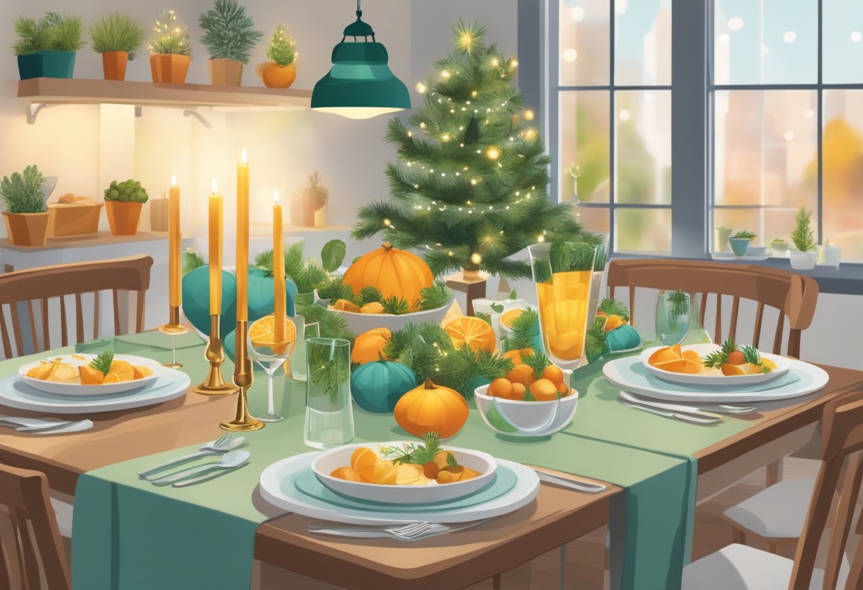 A festive table adorned with eco-friendly decorations, reusable serving ware, and plant-based treats. Energy-efficient lighting sets the mood