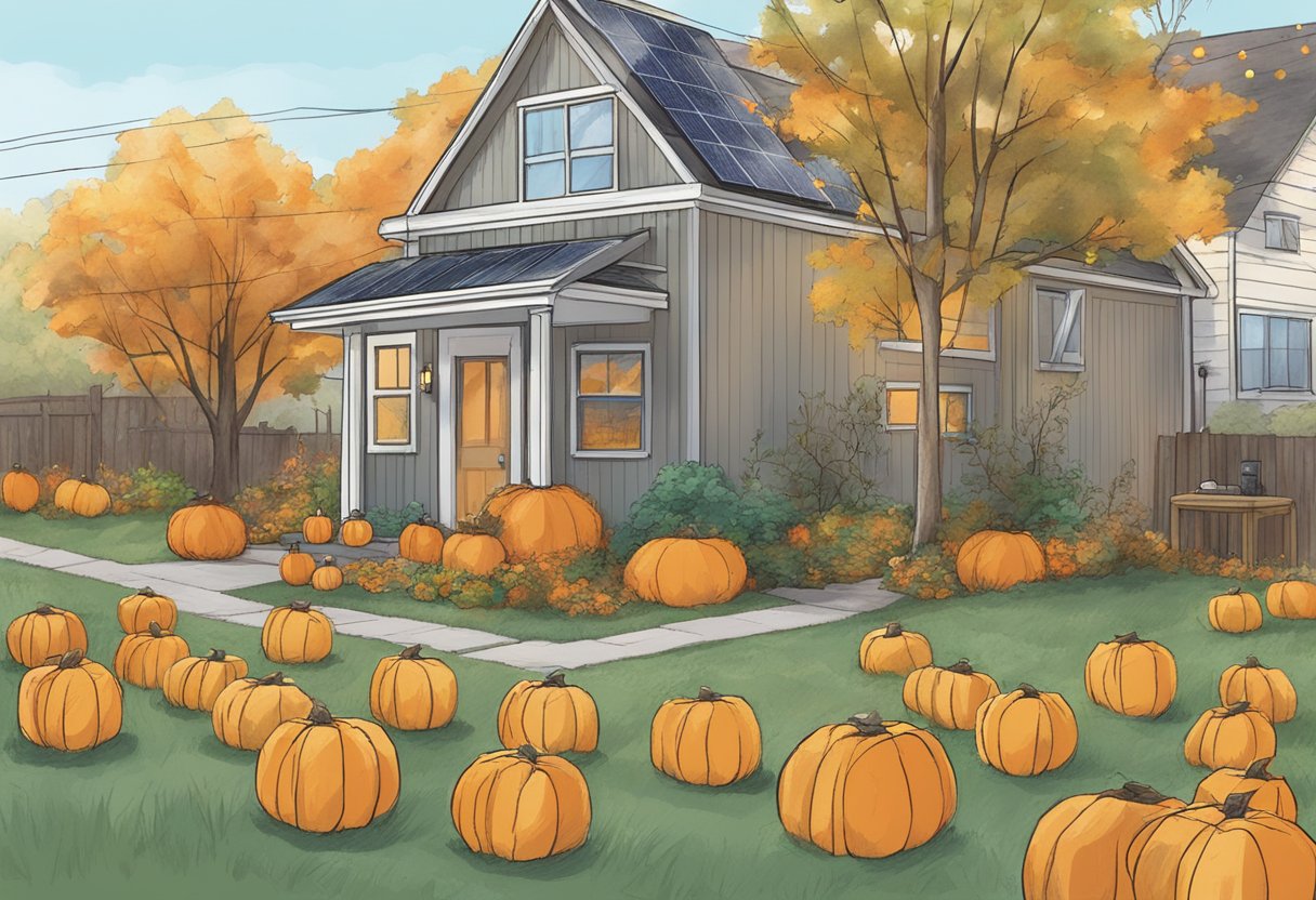 A front yard adorned with recycled paper jack-o-lanterns, biodegradable hay bales, and solar-powered string lights. A compost bin sits nearby