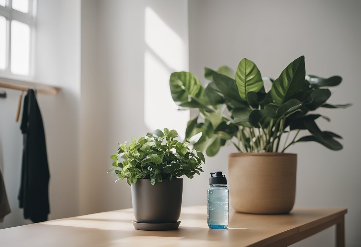 A simple, clutter-free room with potted plants, a reusable water bottle, and a small wardrobe of sustainable clothing