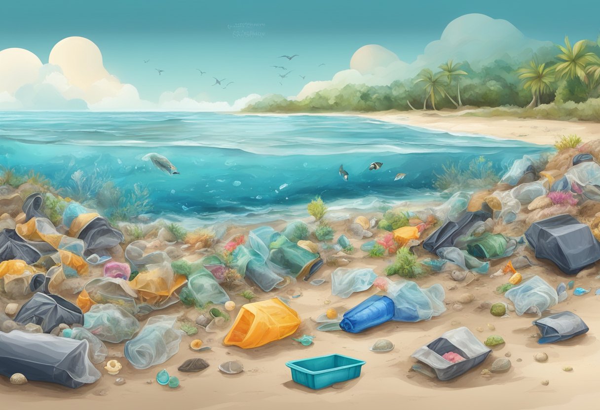 A polluted beach with plastic waste and dying marine life