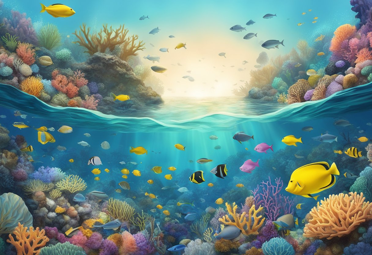 A vibrant coral reef teeming with diverse marine life, surrounded by floating plastic debris and bleached, dying coral