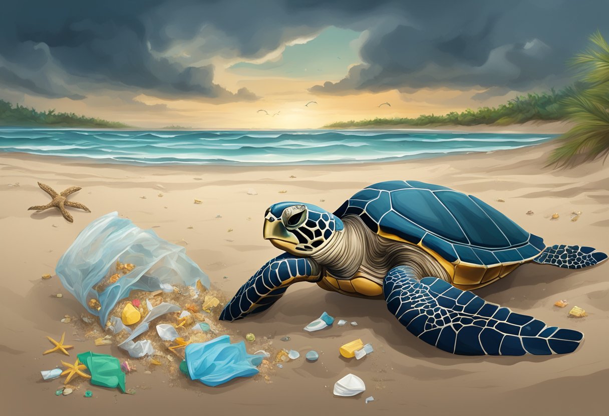 A polluted beach with plastic waste scattered among the sand, with dark storm clouds in the sky and a distressed sea turtle tangled in plastic debris