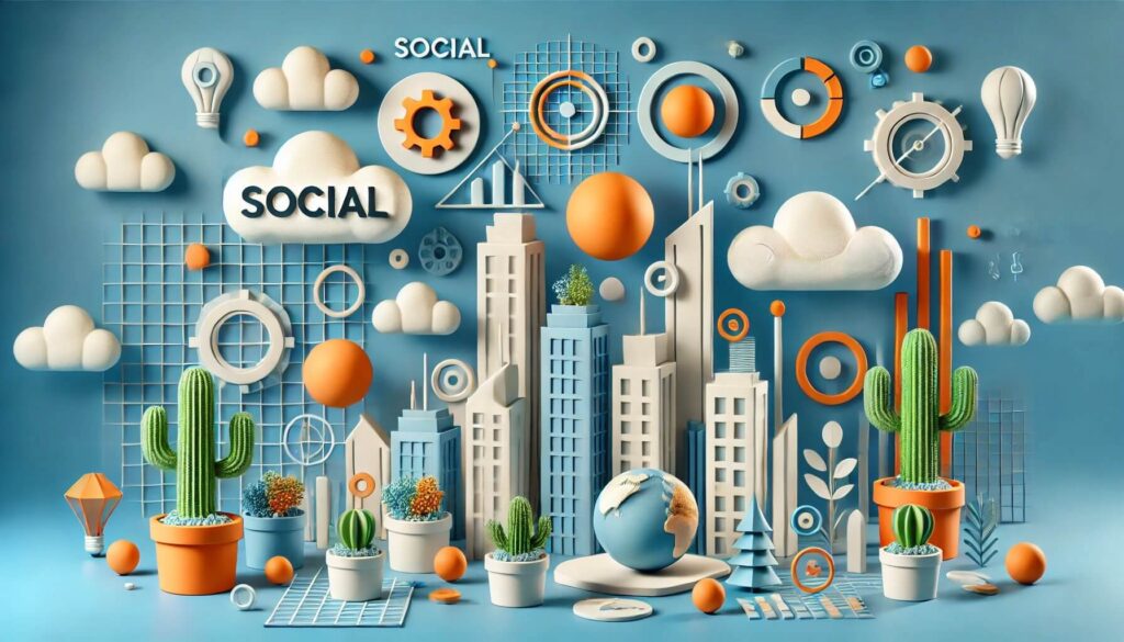 An image of a background is a vibrant blue with a futuristic cityscape made of 3D clay-like elements, including skyscrapers, clouds, and abstract symbols related to sustainability and trends.

There are floating orange spheres, gears, and a planet with a ring, adding a sense of innovation and exploration. The words "social" and "sustainability" are integrated into the design, emphasizing a theme of future-forward thinking and environmental awareness. Potted plants with cacti and greenery are placed in the foreground, symbolizing eco-friendliness.