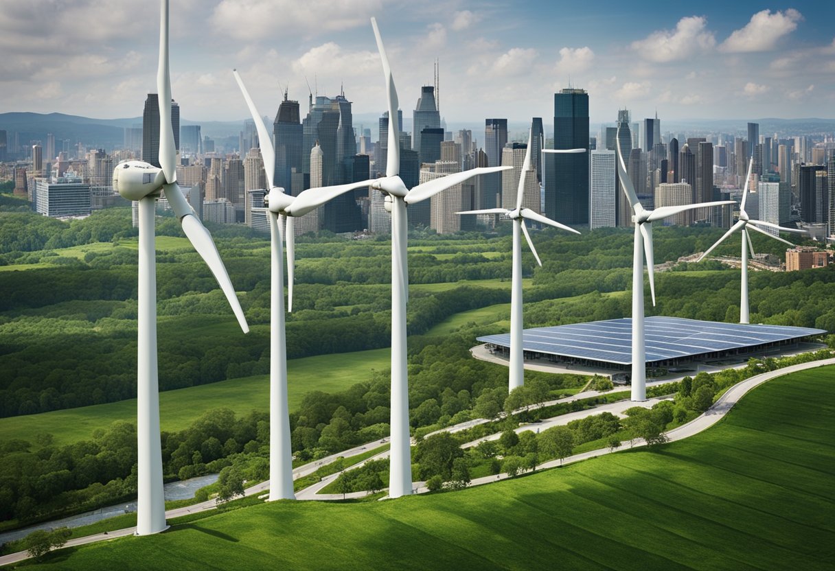 A bustling city skyline with wind turbines, solar panels, and green rooftops. A river flows through the city, lined with sustainable buildings and lush greenery