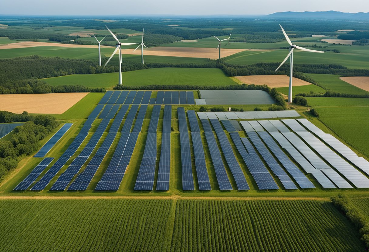 A lush, thriving farm with diverse crops, healthy soil, and abundant wildlife. Wind turbines and solar panels provide renewable energy