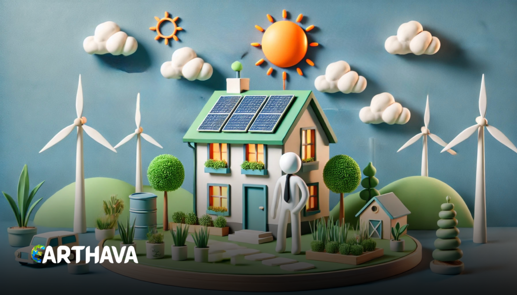 A charming 3D illustration of a sustainable home with solar panels, wind turbines, and lush greenery. A symbolic representation of renewable energy and eco-friendly living. Featured in our Guide to Sustainable Living.