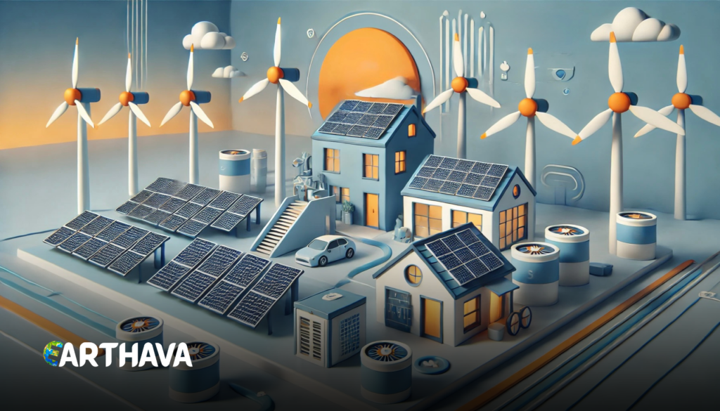 A futuristic 3D-style digital illustration depicting a sustainable neighborhood powered by renewable energy. The scene features houses with solar panels on their roofs, large solar farms, and multiple wind turbines generating clean electricity. A small electric car is parked in the eco-friendly community, surrounded by modern energy storage systems. The warm sunset glow contrasts with the cool blue tones of the environment, emphasizing the harmony between technology and nature. The Earthava logo is displayed at the bottom, reinforcing the theme of green energy and eco-conscious living. Guide to Sustainable Living.