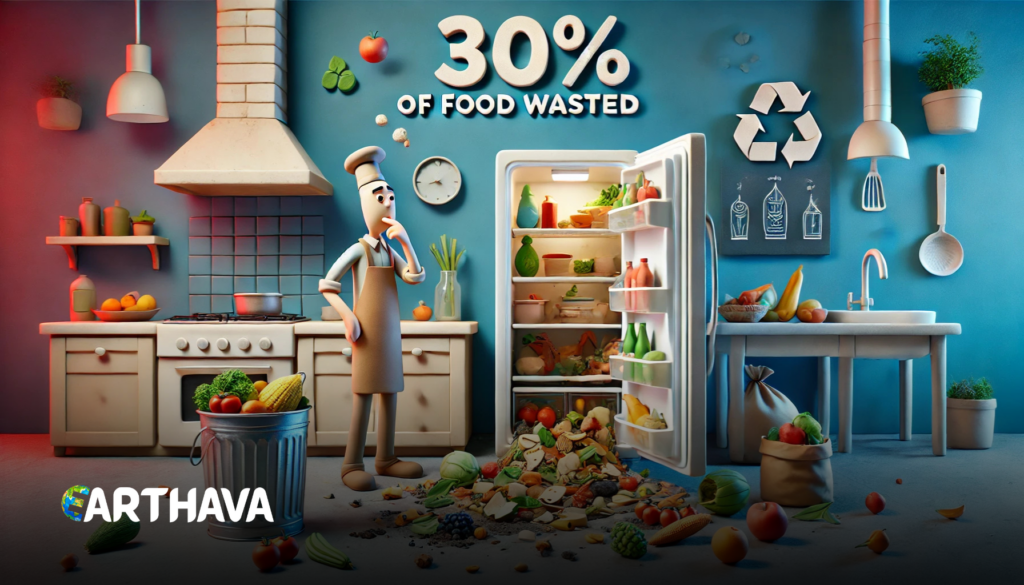 A 3D-style digital illustration of a chef standing in a kitchen, looking concerned at an open fridge overflowing with food. A large pile of wasted food spills onto the floor, symbolizing food waste. The text '30% of Food Wasted' is displayed above, emphasizing the issue. The kitchen has a warm and cool-toned color scheme with sustainable elements like a recycling symbol and fresh produce on the counter. Earthava logo is placed at the bottom, promoting awareness of food sustainability.