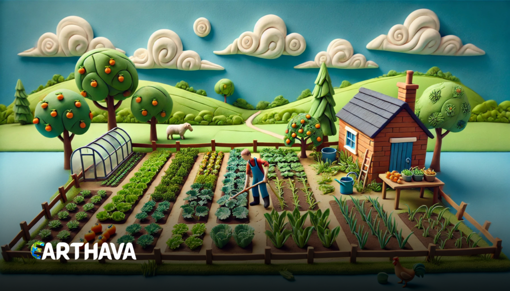 A colorful 3D-style digital illustration showcasing a sustainable farm with lush green crops, fruit-bearing trees, and a farmer tending to the land. A cozy wooden house with a blue door sits in the background, surrounded by rolling green hills, a clear blue sky, and a grazing sheep. The scene highlights eco-friendly farming and self-sufficiency. Guide to Sustainable Living by Earthava.