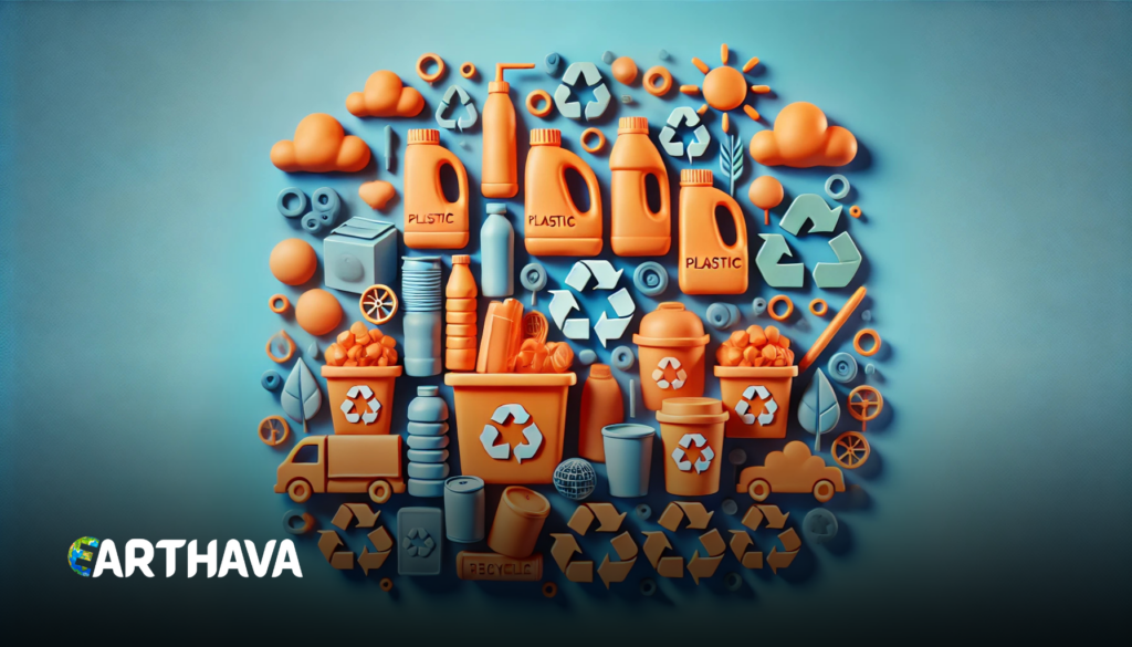 An artistic 3D illustration of plastic waste and recycling symbols, featuring bottles, bins, and eco-friendly elements. A visual representation of plastic recycling for a greener planet. Part of our Guide to Sustainable Living.