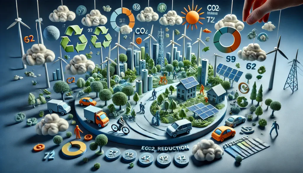 Claymation-style illustration of a sustainable city with a deep blue background and a blue-orange color scheme. The scene includes wind turbines, solar panels, lush green trees, and people engaging in eco-friendly activities such as cycling, planting trees, and using electric vehicles. Floating infographic-style icons display sustainability statistics, including CO2 reduction, energy savings, and recycling rates. The image has a polished, professional design with soft lighting, shadows, and intricate clay-like textures.